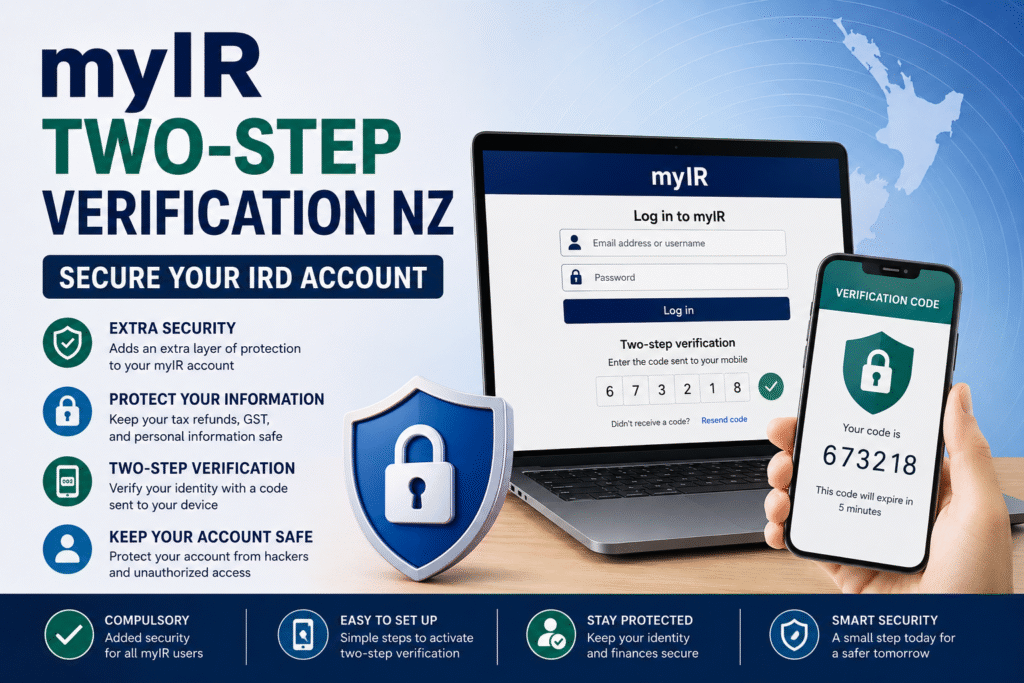 myIR Two-Step Verification NZ guide showing account security, login verification, and online tax account protection in New Zealand