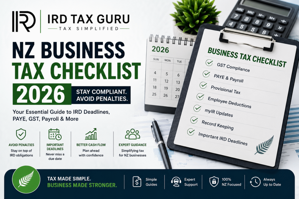 NZ Business Tax Checklist 2026 featured image showing GST compliance, PAYE, payroll obligations, provisional tax, myIR updates, and IRD deadlines for New Zealand businesses.