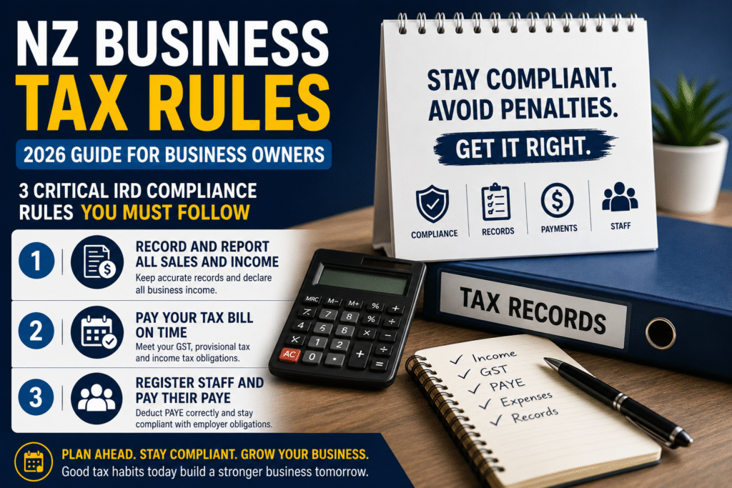 NZ Business Tax Rules 2026 guide explaining IRD compliance, GST, PAYE, and tax obligations for business owners