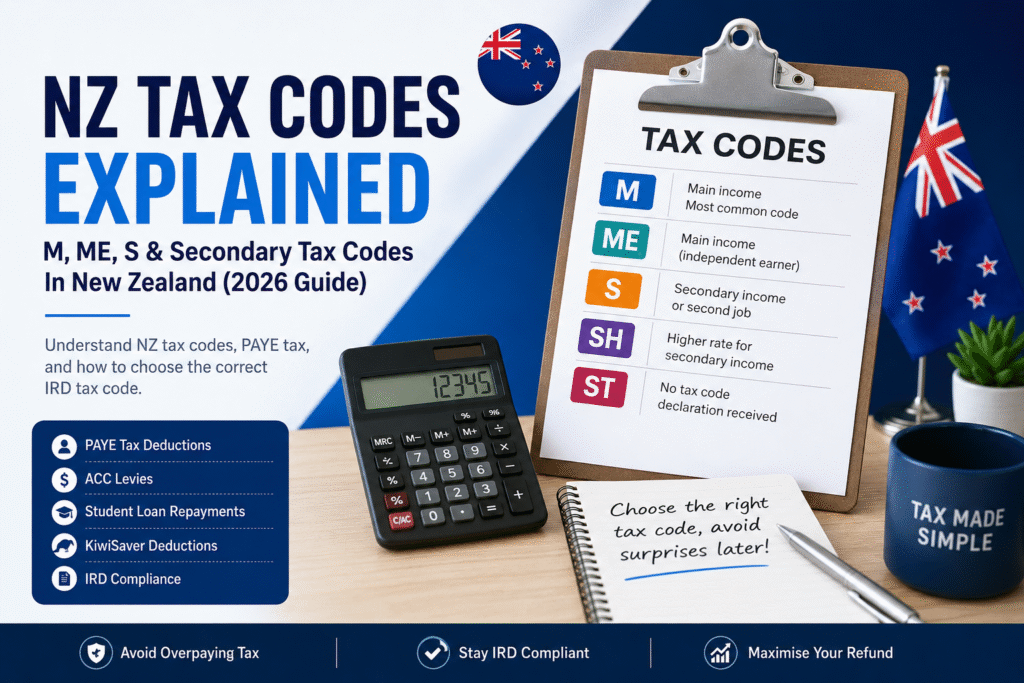 NZ Tax Codes Explained guide showing M, ME, S, SH and ST tax codes in New Zealand for PAYE and secondary income tax