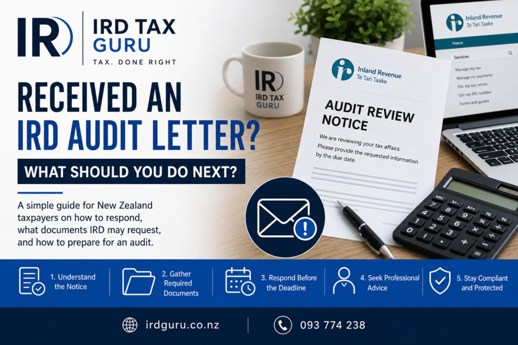 Received an IRD Audit Letter guide for New Zealand taxpayers explaining how to respond to Inland Revenue audits and reviews