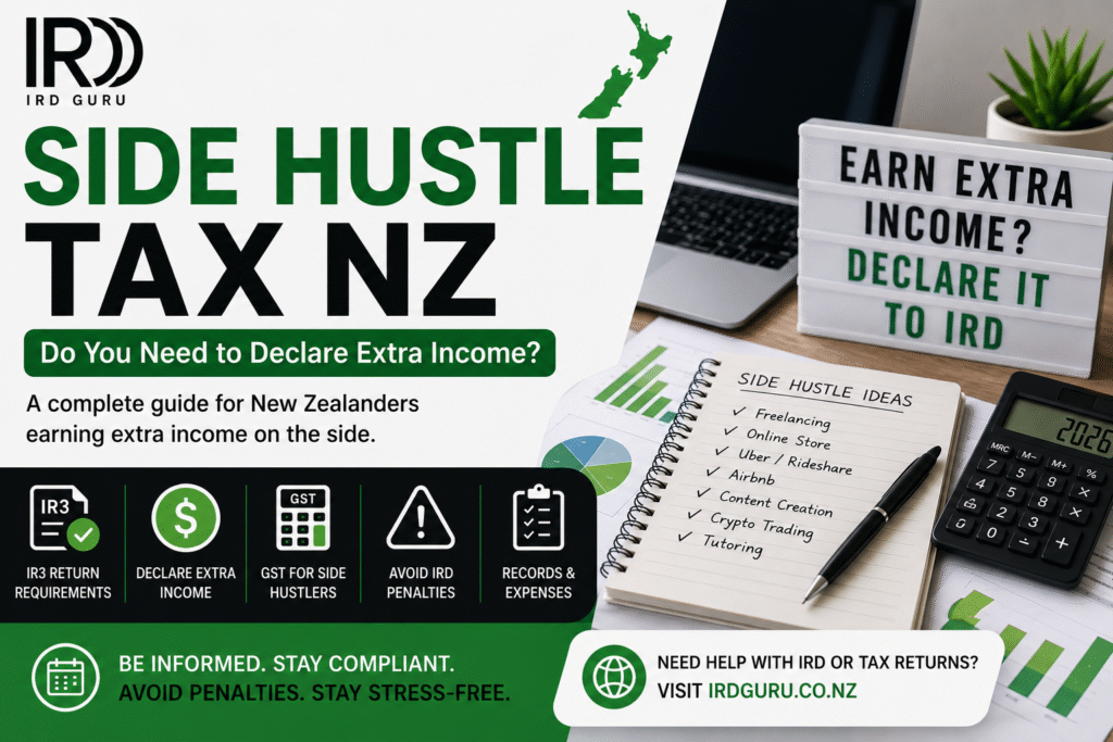 Side Hustle Tax NZ guide explaining IR3 returns, extra income declaration, GST obligations, and IRD compliance for New Zealand taxpayers