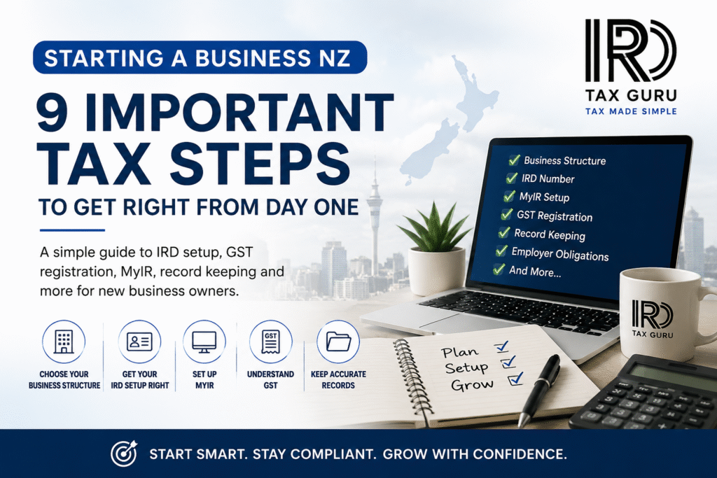 Starting a Business NZ feature image showing 9 important tax steps including IRD setup, MyIR registration, GST registration and record keeping guidance by IRD Guru.
