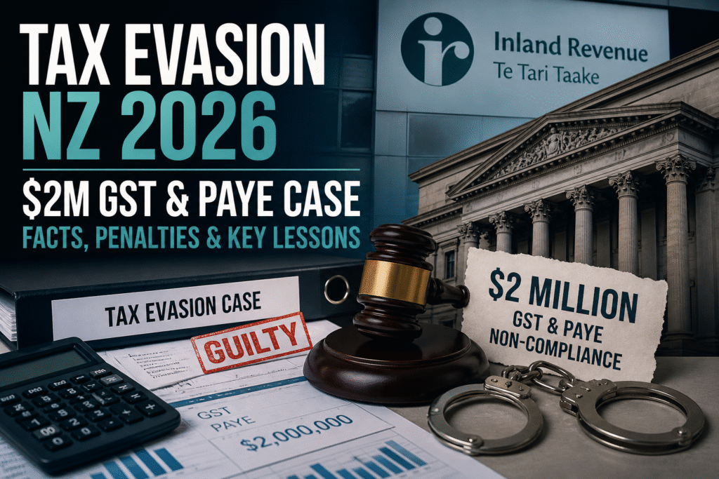 Tax evasion NZ 2026 case showing $2M GST and PAYE non-compliance with IRD enforcement and court action