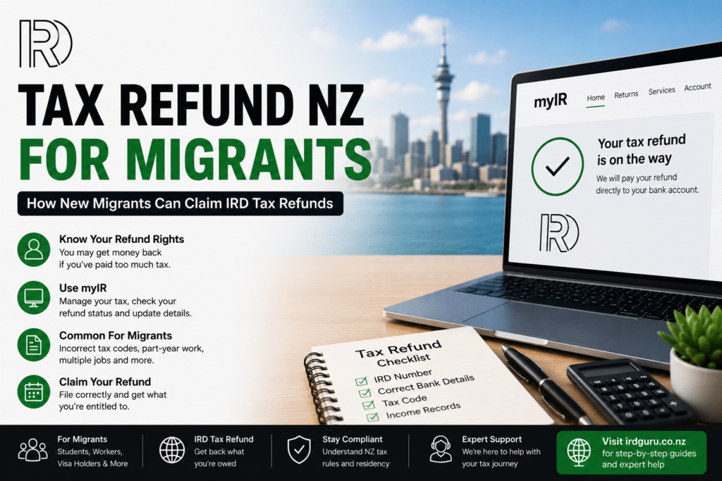Tax Refund NZ For Migrants guide explaining IRD tax refunds, myIR access, PAYE refunds, and migrant tax rules in New Zealand