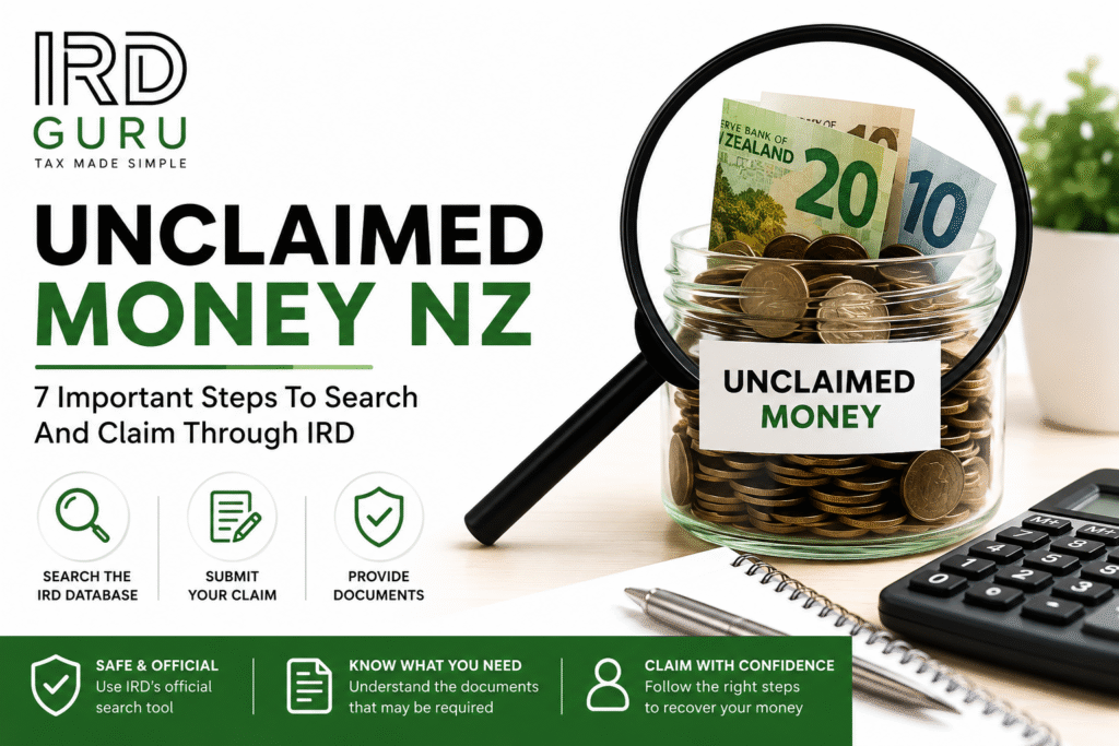 Unclaimed Money NZ feature image by IRD Guru explaining how to search the IRD database, submit a claim and provide supporting documents.
