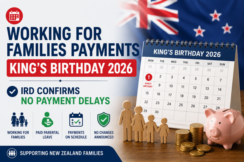 Working for Families payments King’s Birthday 2026 update showing IRD confirmation that Paid Parental Leave and family payments remain unchanged in New Zealand