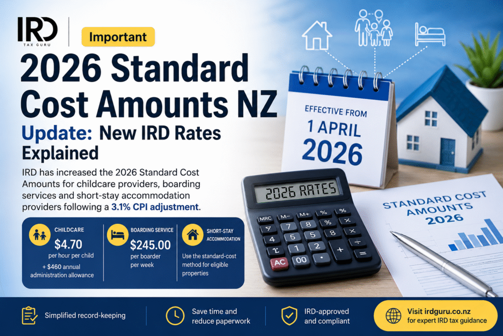 2026 Standard Cost Amounts NZ showing updated IRD rates for childcare, boarding and short-stay accommodation providers