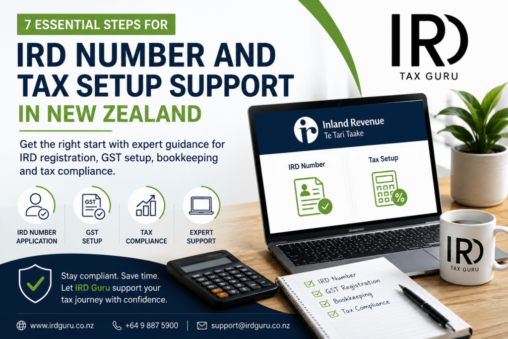 7 Essential Steps for IRD Number and Tax Setup Support in New Zealand by IRD Guru, featuring IRD registration, GST setup, bookkeeping, and tax compliance guidance.