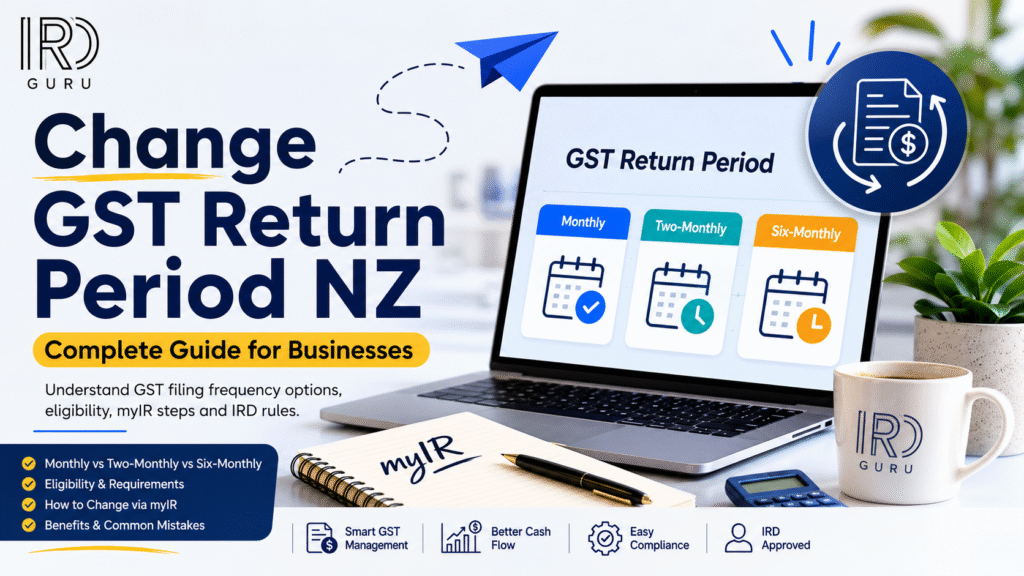 Change GST Return Period NZ guide showing monthly, two-monthly and six-monthly GST filing options for New Zealand businesses with IRD Guru.