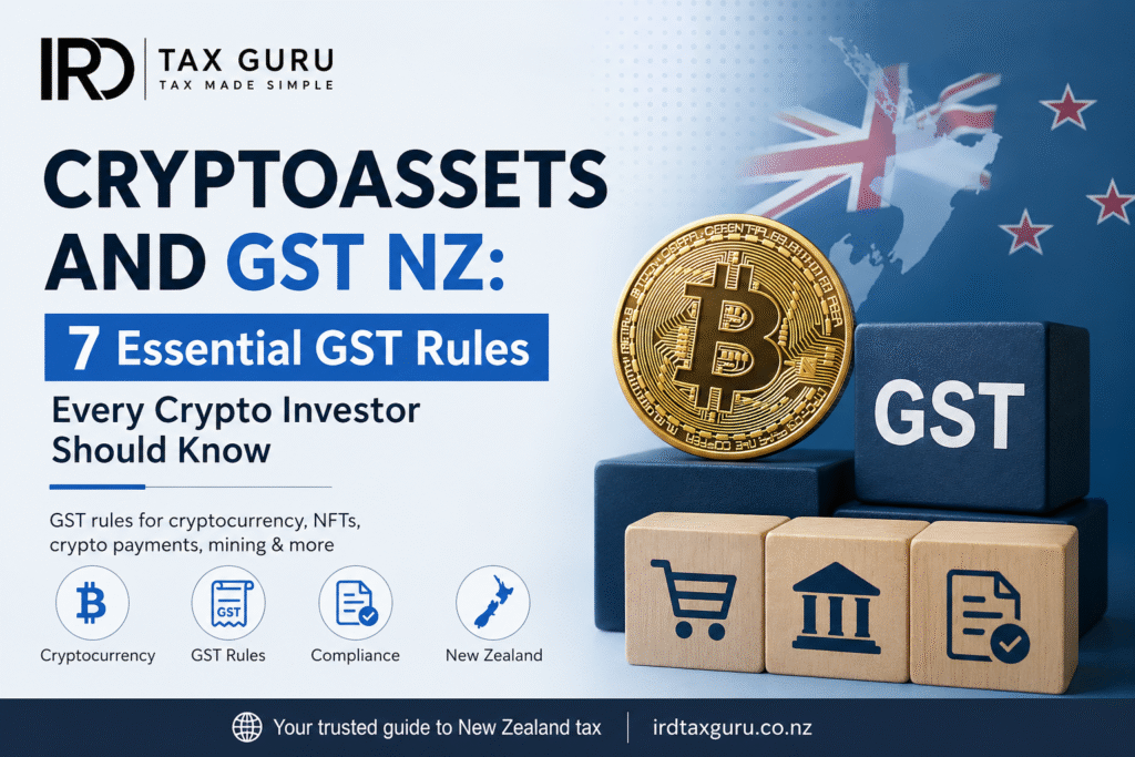 Cryptoassets and GST NZ guide by IRD Guru explaining 7 essential GST rules for cryptocurrency, Bitcoin, NFTs, crypto mining, and crypto payments in New Zealand.