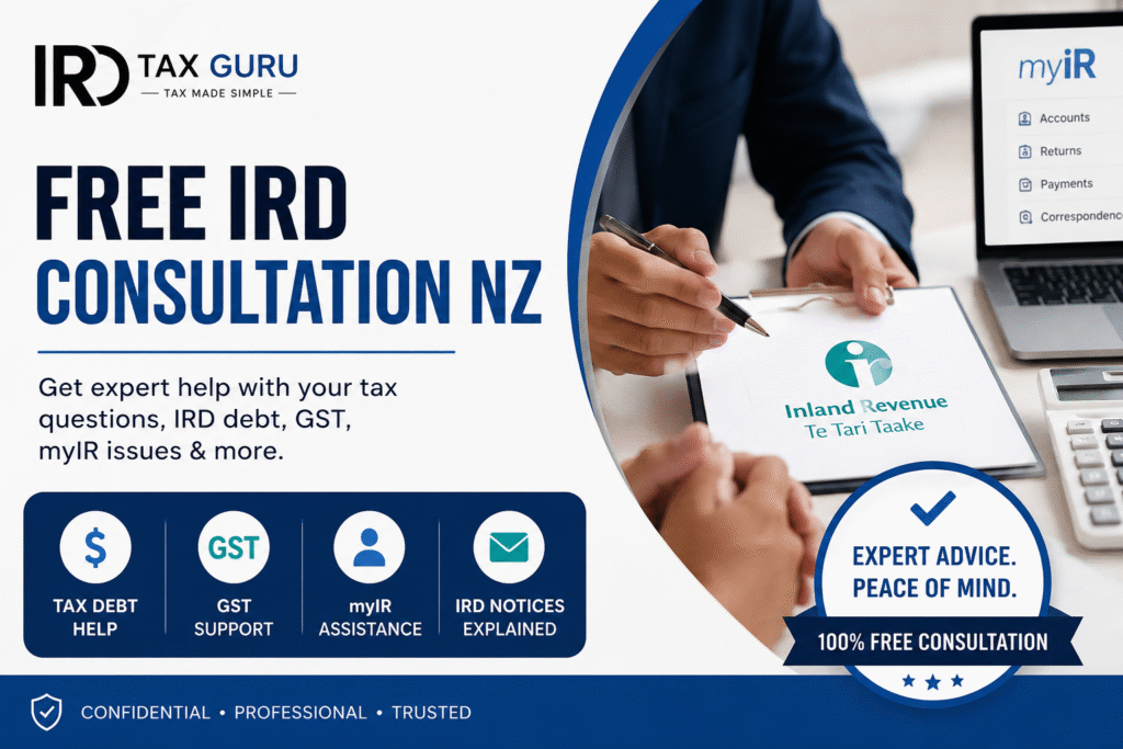 Free IRD Consultation NZ guide helping taxpayers understand tax debt, GST obligations, myIR issues, Inland Revenue notices, and tax compliance requirements.