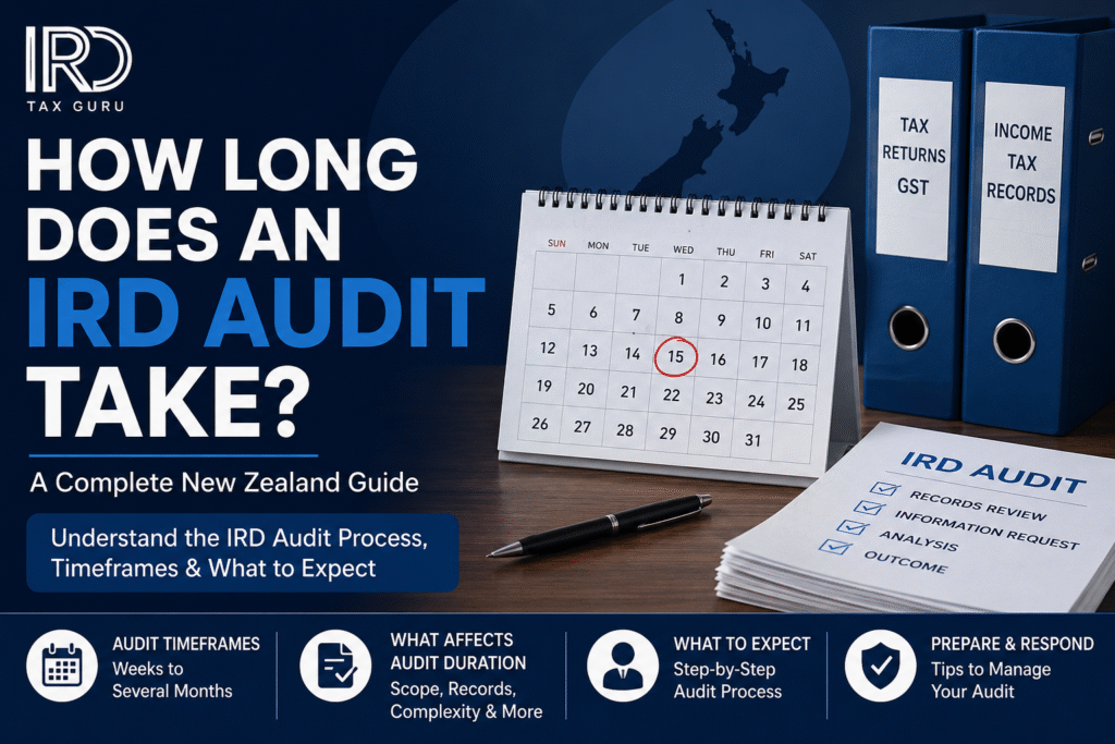 How Long Does an IRD Audit Take in New Zealand guide explaining audit timeframes, Inland Revenue reviews, tax audits, GST audits, and compliance checks