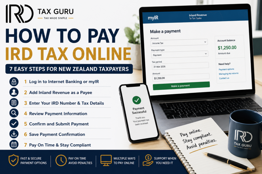 Step-by-step guide showing how to pay IRD tax online using internet banking, myIR, debit card, and credit card payment methods in New Zealand.