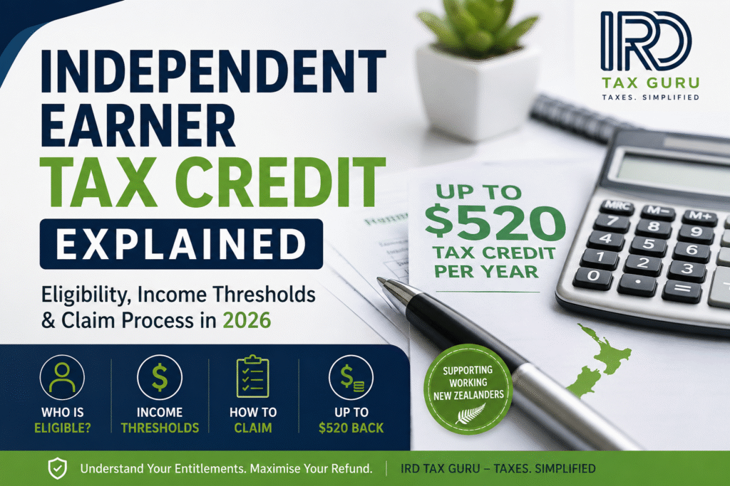 Independent Earner Tax Credit New Zealand guide showing eligibility requirements, income thresholds, and claim process for 2026.