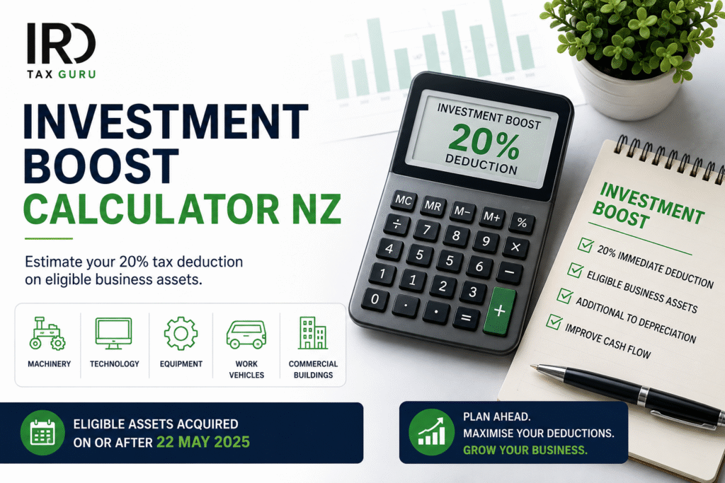 Investment Boost Calculator NZ showing a 20 percent tax deduction estimate for eligible business assets acquired on or after 22 May 2025
