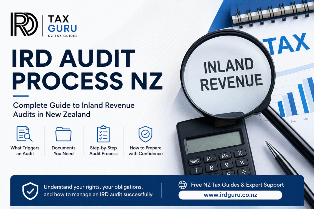 IRD Audit Process NZ guide by IRD Guru explaining Inland Revenue audits, audit stages, required documents, taxpayer rights, and how to prepare for an IRD audit in New Zealand.