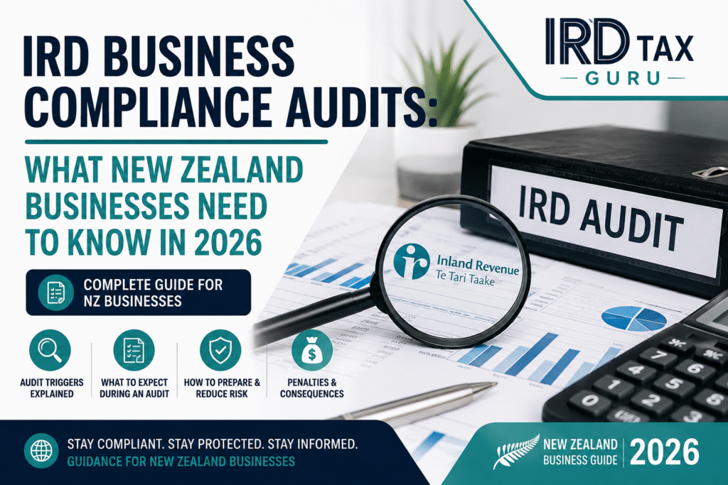 IRD Business Compliance Audits in New Zealand 2026 guide showing tax audit documents, compliance review process, and IRD Tax Guru branding.