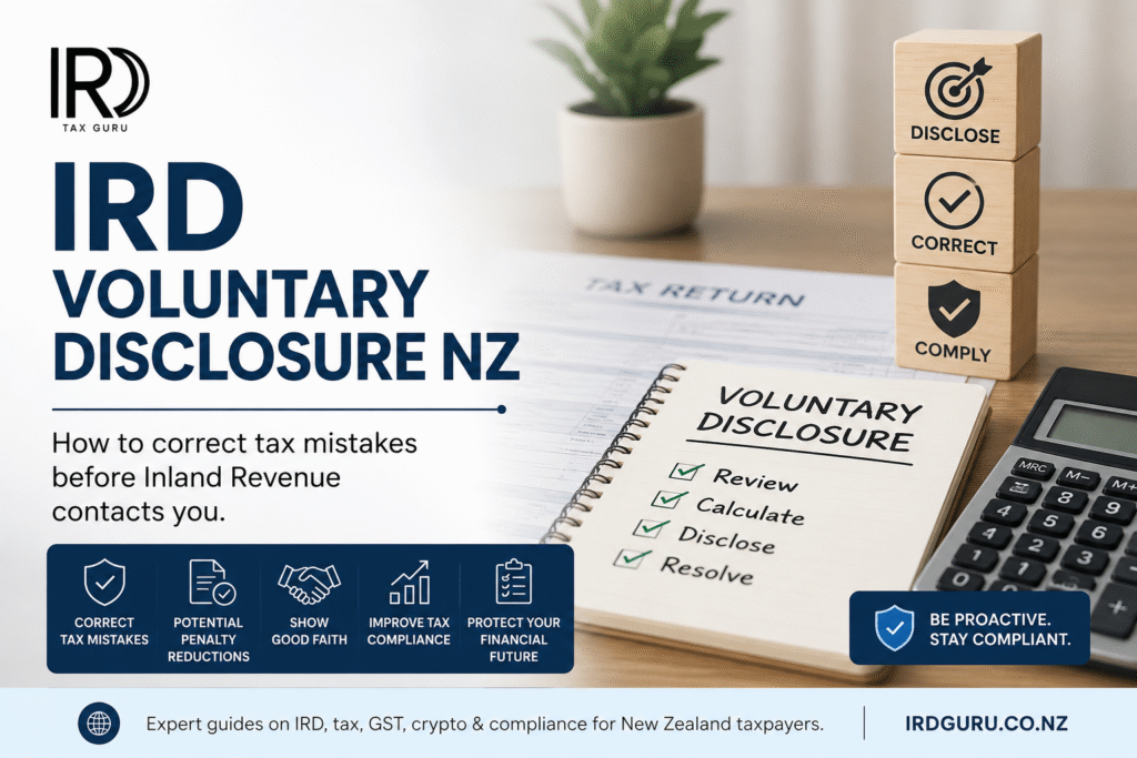 IRD Voluntary Disclosure NZ guide by IRD Guru explaining how to correct tax mistakes before Inland Revenue contacts you, reduce potential penalties, and improve tax compliance in New Zealand.