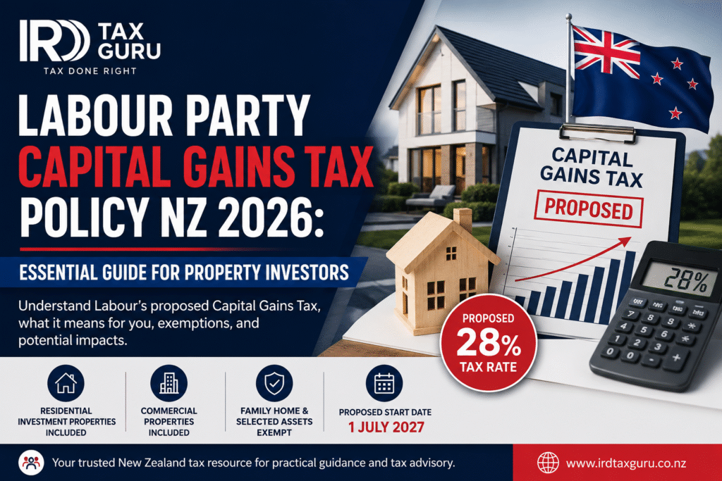 Labour Party Capital Gains Tax Policy NZ 2026 showing proposed 28 percent capital gains tax, property investor impacts, commercial property taxation, and exemptions for family homes in New Zealand.