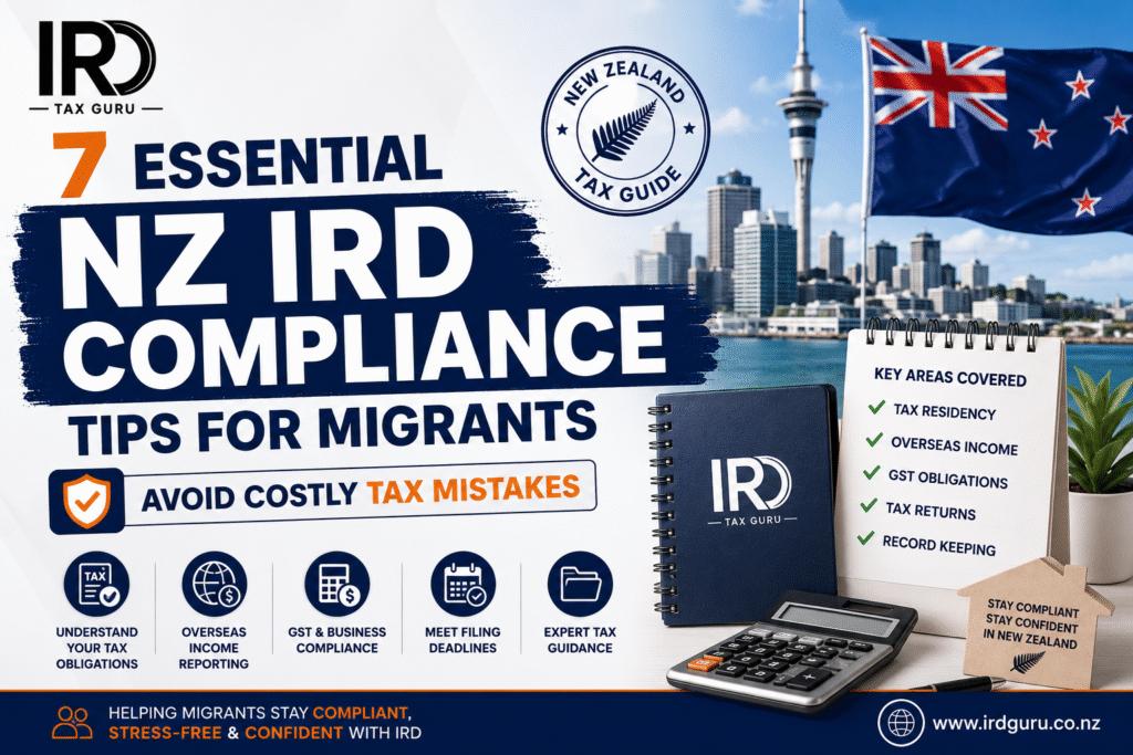 NZ IRD Compliance for Migrants guide explaining tax residency, overseas income reporting, GST obligations, filing requirements, and common tax compliance challenges in New Zealand