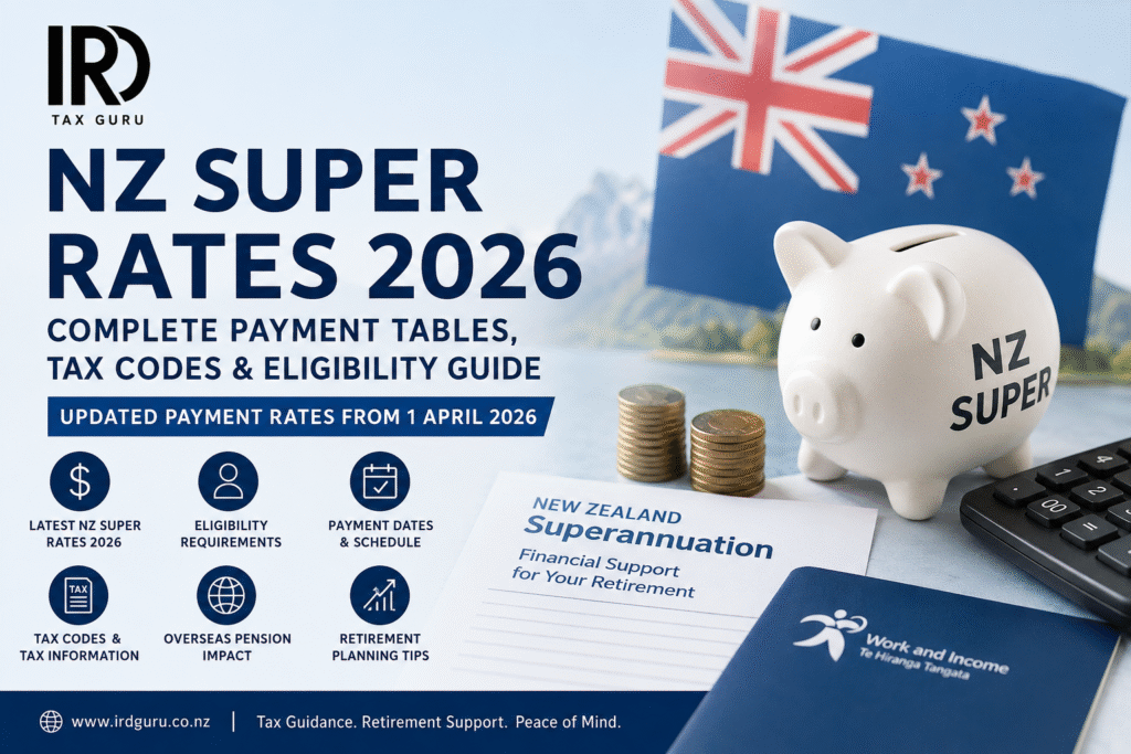 NZ Super Rates 2026 guide showing New Zealand Superannuation payment rates, eligibility requirements, tax codes, retirement planning information and IRD Tax Guru branding.