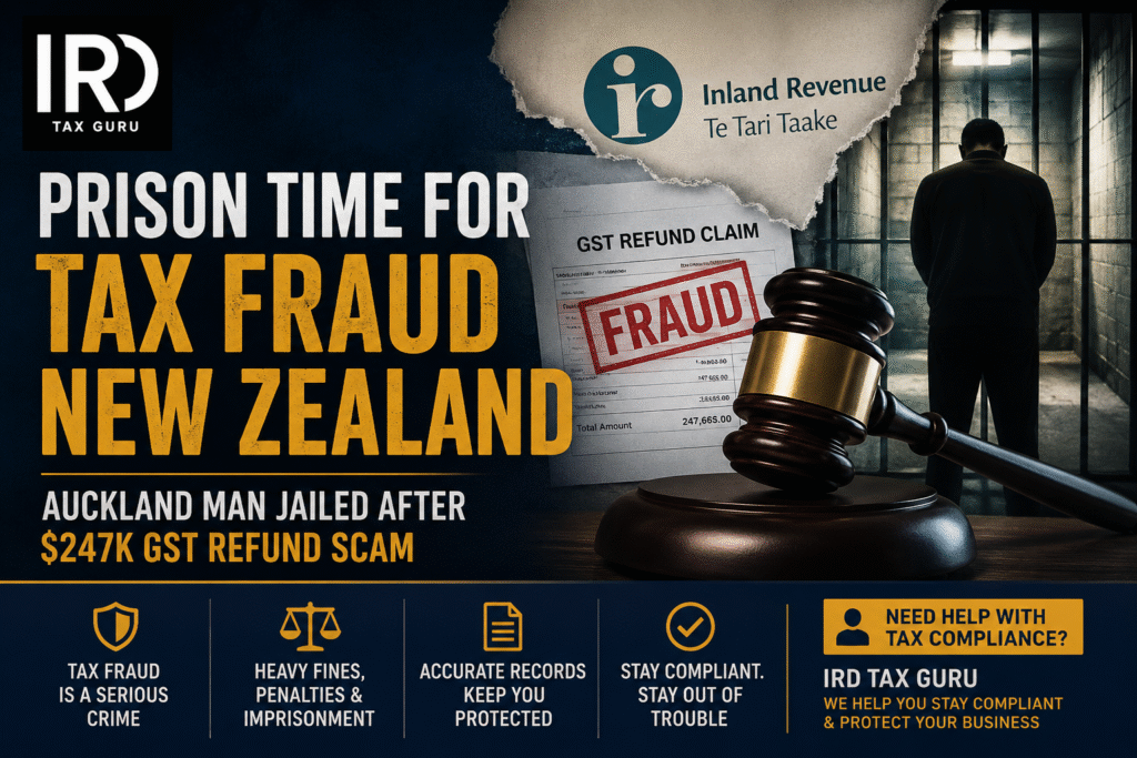 Prison Time For Tax Fraud New Zealand case involving an Auckland man jailed after attempting to claim $247,665 in fraudulent GST refunds, highlighting Inland Revenue enforcement and tax compliance.