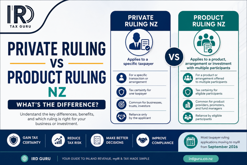 Private Ruling vs Product Ruling NZ comparison guide explaining the key differences between Inland Revenue taxpayer rulings in New Zealand