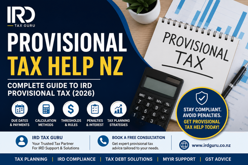 Provisional Tax Help NZ 2026 guide by IRD Tax Guru explaining provisional tax due dates, calculation methods, thresholds, penalties, tax planning strategies and IRD compliance requirements in New Zealand.