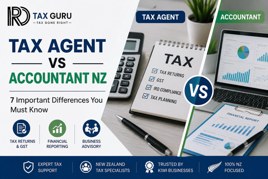 Tax Agent vs Accountant NZ comparison showing the 7 important differences between tax agents and accountants in New Zealand