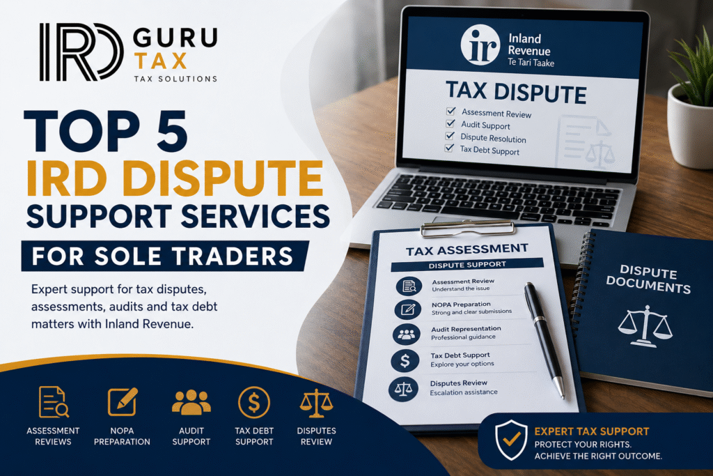 Top 5 IRD Dispute Support Services for Sole Traders in New Zealand including tax assessment reviews, NOPA preparation, audit support, tax debt assistance, and dispute resolution guidance