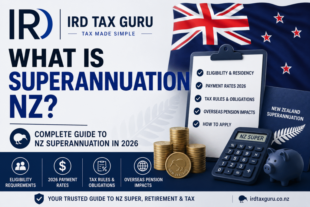 What Is Superannuation NZ Guide 2026 showing NZ Super eligibility requirements, payment rates, tax rules and retirement planning information by IRD Tax Guru.