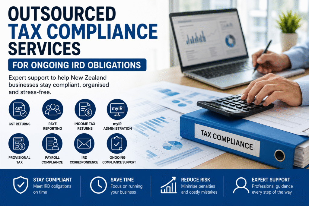 Outsourced Tax Compliance Services helping New Zealand businesses manage ongoing IRD obligations including GST, PAYE, myIR and tax compliance.