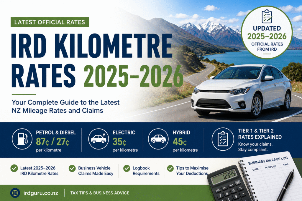 IRD Kilometre Rates 2025–2026 showing the latest Tier 1 and Tier 2 mileage rates for petrol, diesel, hybrid and electric vehicles in New Zealand.