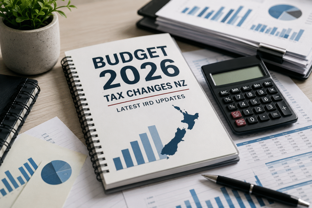 Budget 2026 Tax Changes NZ guide with financial reports, calculator and tax planning documents on an office desk.