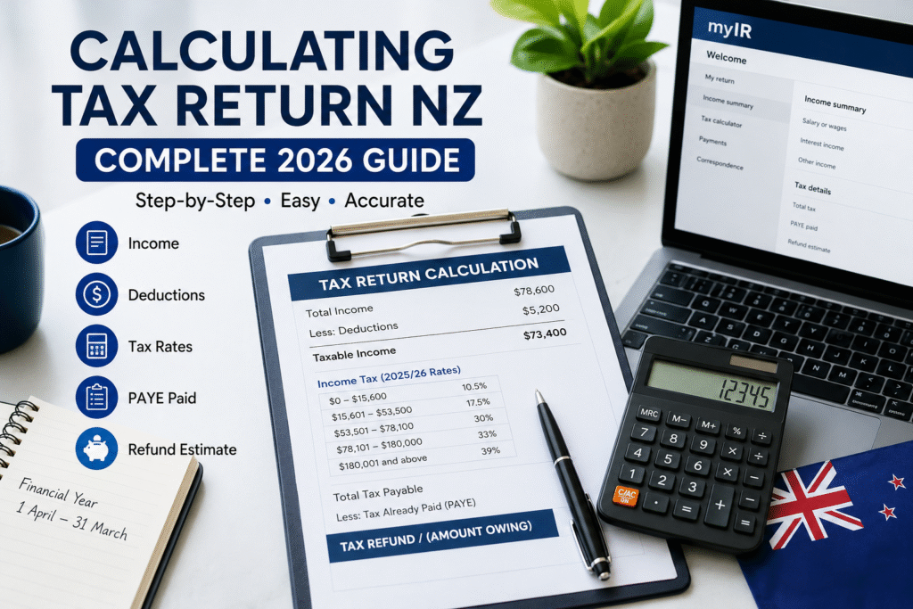 Calculating tax return NZ guide showing New Zealand income tax calculation, PAYE, IR3 tax return, tax rates, deductions, and tax refund estimate for 2026.