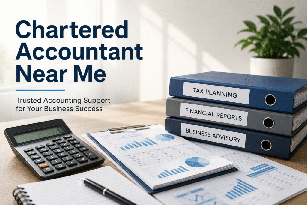 Chartered Accountant Near Me in New Zealand with financial reports, tax planning documents, calculator, and business advisory workspace.