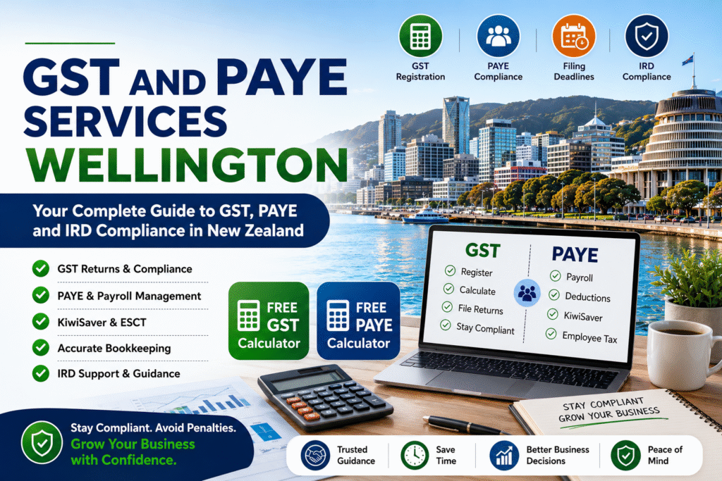 GST and PAYE Services Wellington guide by IRD Guru covering GST registration, PAYE compliance, payroll, IRD filing deadlines, free GST calculator, and free PAYE calculator for New Zealand businesses.