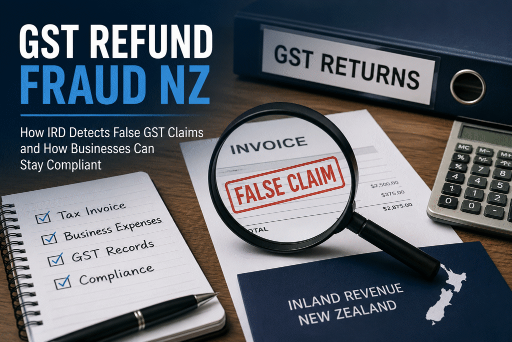 GST refund fraud NZ guide showing how Inland Revenue detects false GST claims and audits businesses for GST compliance.
