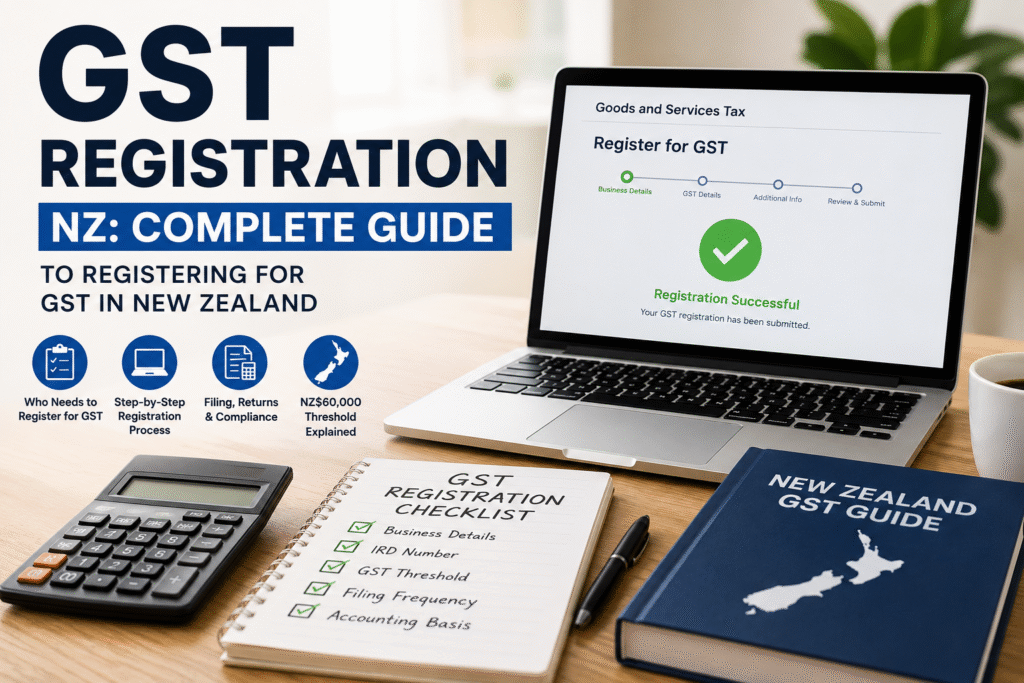 GST Registration NZ guide showing GST registration process, NZ$60,000 threshold, myIR registration, and GST compliance in New Zealand.