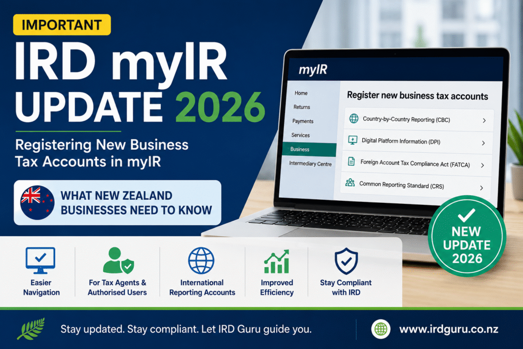 Important IRD myIR Update 2026 feature image explaining the new myIR registration process for business tax accounts in New Zealand by IRD Guru.