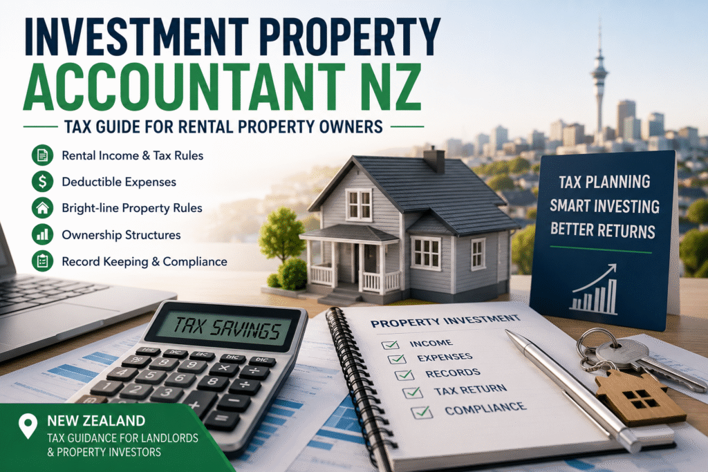 Investment Property Accountant NZ guide showing rental property tax planning, deductible expenses, Bright-line property rules, rental income management, and tax guidance for New Zealand property investors and landlords.