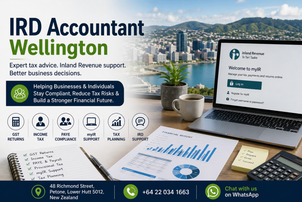IRD Accountant Wellington providing GST, income tax, myIR support, PAYE compliance, and Inland Revenue tax services for businesses and individuals in Wellington, New Zealand.