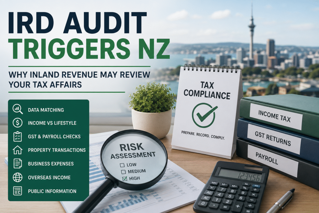 IRD Audit Triggers NZ explaining common Inland Revenue audit risks, tax compliance, GST reviews, payroll checks, data matching, and business tax obligations in New Zealand.