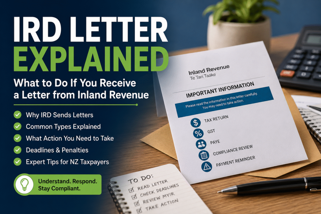 IRD Letter Explained guide showing an Inland Revenue letter with information about tax notices, GST, PAYE, compliance reviews, payment reminders, and the steps New Zealand taxpayers should take after receiving an IRD letter.
