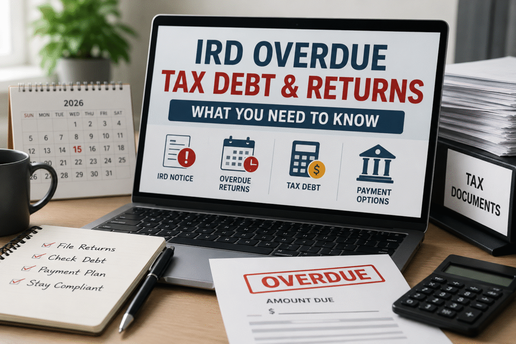 IRD Overdue Tax Debt guide explaining overdue tax returns, Inland Revenue debt recovery, payment arrangements, and tax compliance in New Zealand.