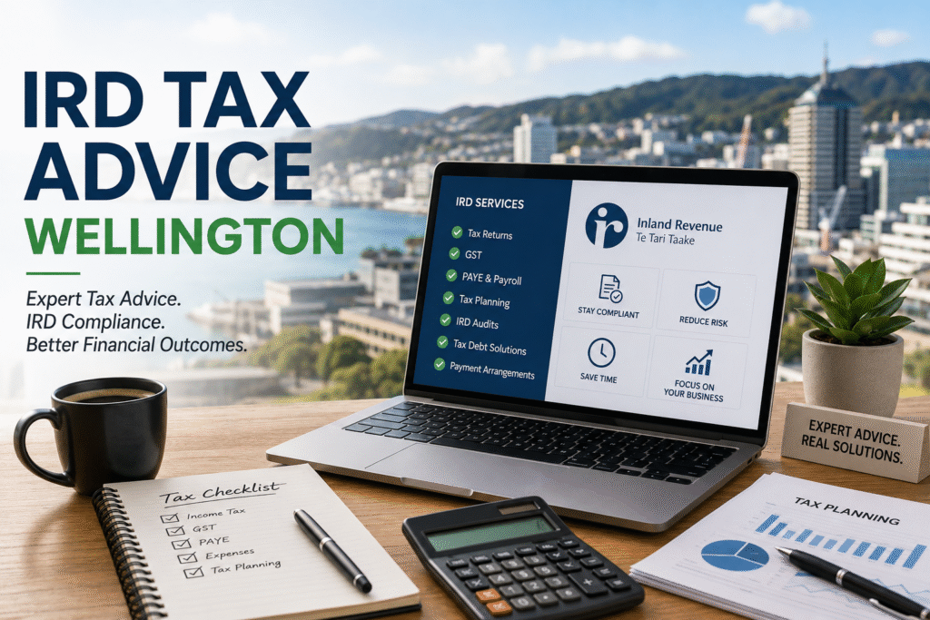IRD Tax Advice Wellington for businesses and individuals seeking expert guidance on GST, tax returns, IRD audits, tax debt, PAYE, and Inland Revenue compliance in New Zealand.