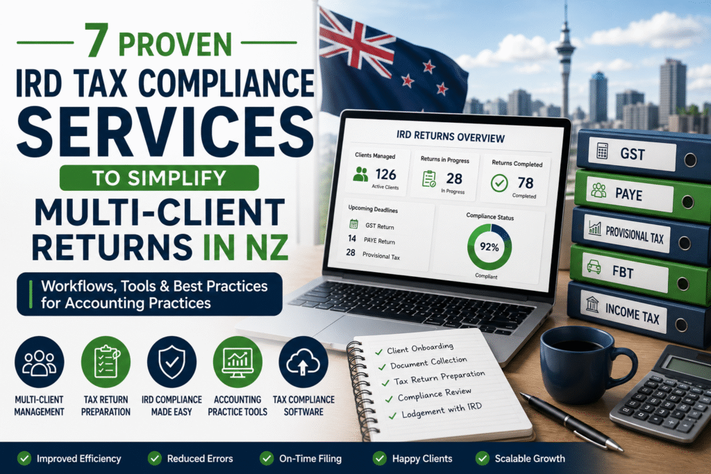 IRD tax compliance services for New Zealand accounting practices, featuring multi-client tax return preparation workflows, accounting practice tools, tax compliance software, and Inland Revenue compliance.