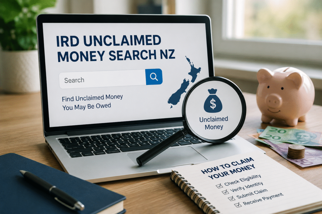 IRD Unclaimed Money Search NZ guide showing how to check and claim unclaimed money held by Inland Revenue in New Zealand.