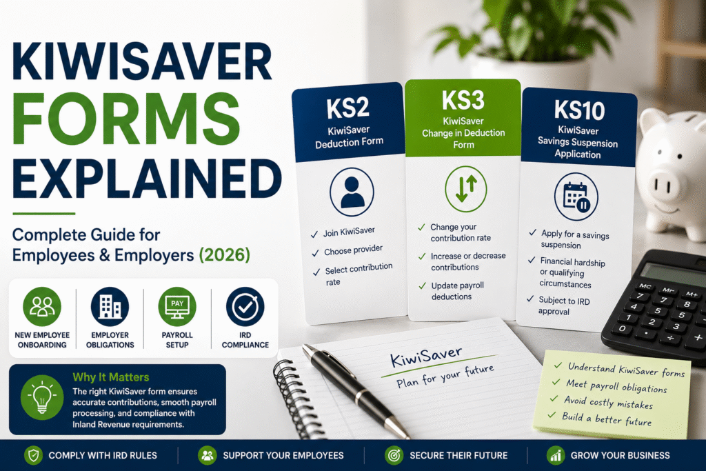 KiwiSaver Forms guide explaining KS2, KS3, KS10, employer obligations, payroll setup, and KiwiSaver enrolment in New Zealand.